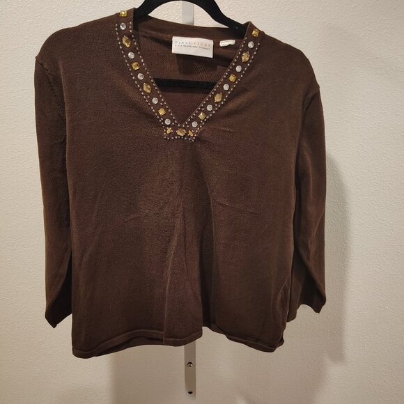 First Issue Tops - First Issue Women's V-Neck 3/4 Sleeve Top Embellished with Jewels Brown